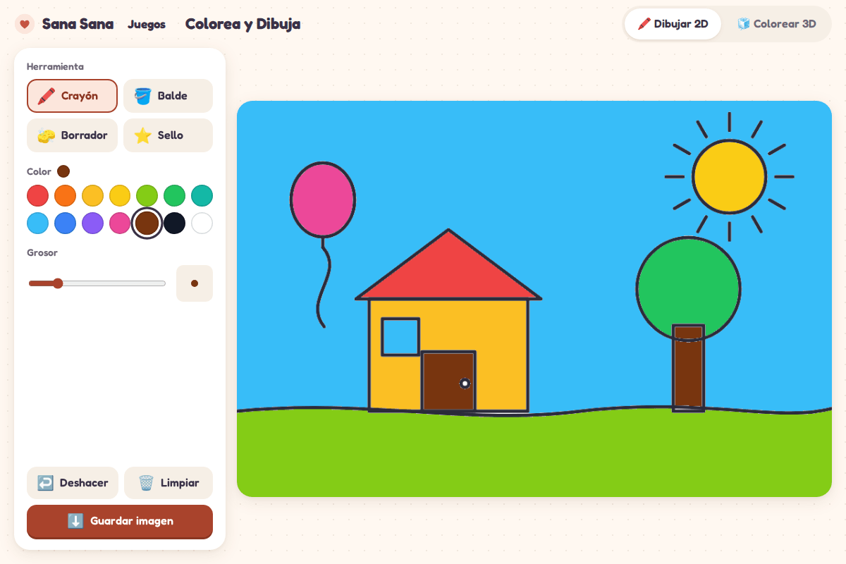 Captura del juego Colorea y Dibuja: un dibujo de una casa y un sol pintados con el balde